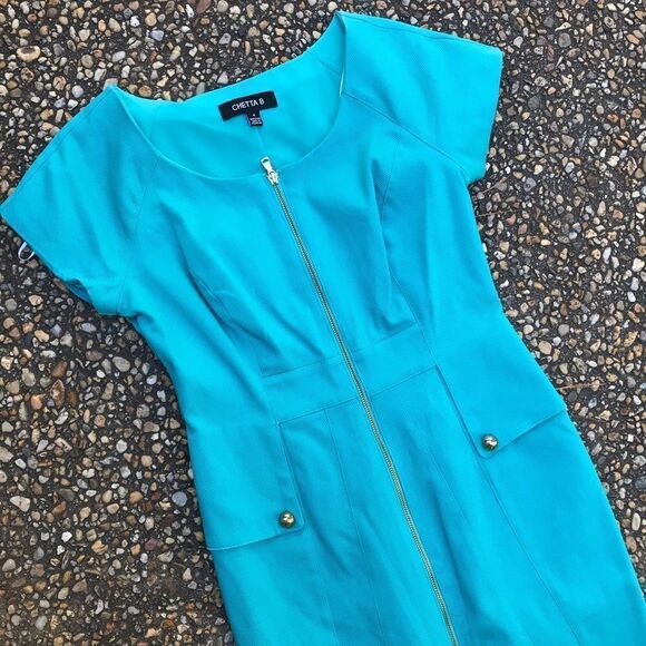 Vintage 90s Chetta B fitted zipper dress turquoise - Picture 1 of 5
